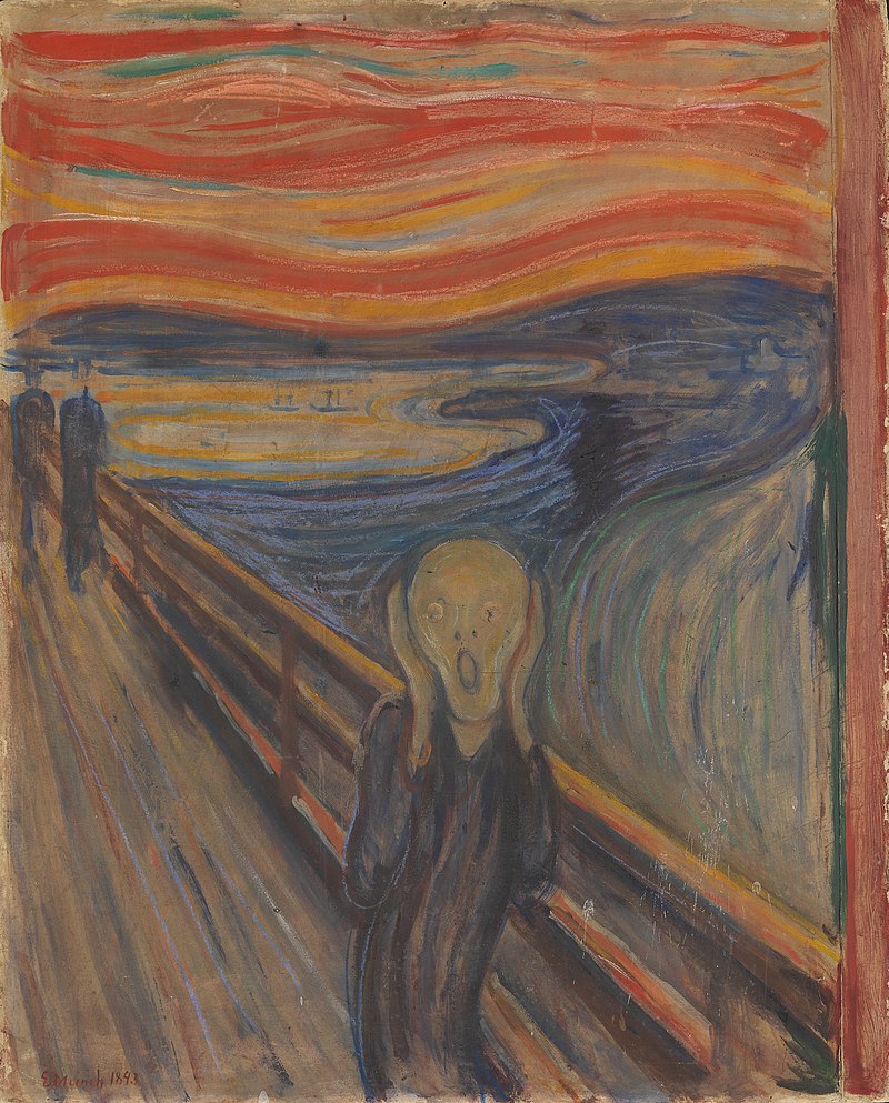 the painting the scream by edvard munch. a screaming, skull-like figure standing against a backdrop of a bright and swirling blood red sky.